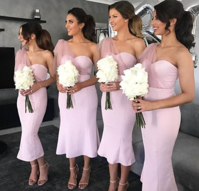One Shoulder Pink Midi Bridesmaid Dress with Tulle
