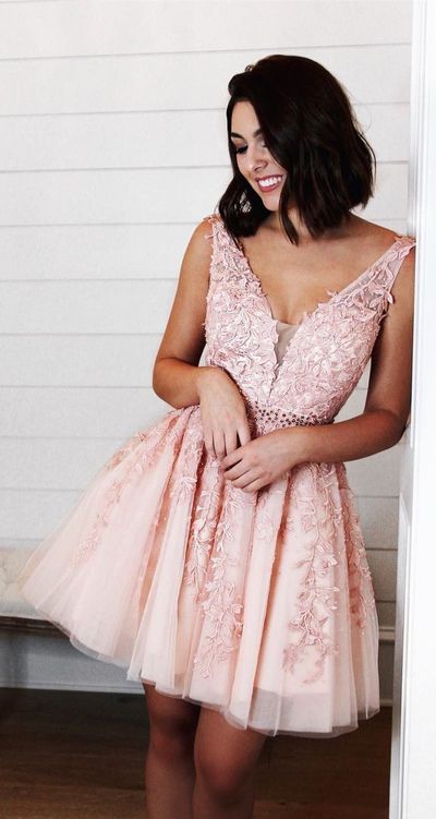SP1626,Chic A-line Tulle Applique Short Prom Dress V-back Homecoming Party Dress