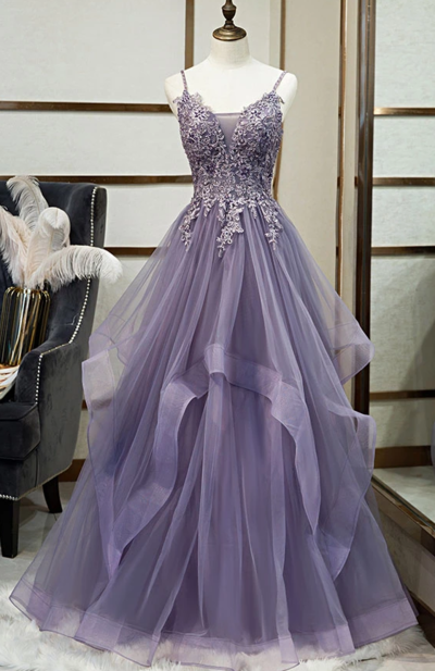 Elegant A Line Purple Long Prom/Evening Dresses with Appliques
