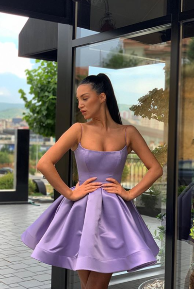 Spaghetti Straps Purple Short Homecoming Dresses with Ruffles