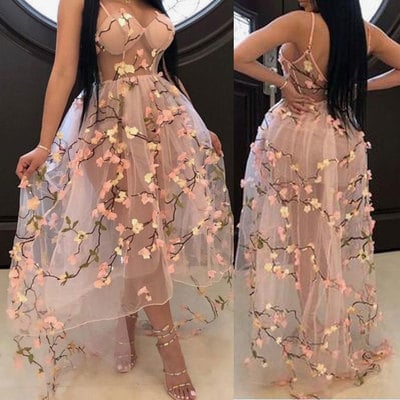 Spaghetti straps prom dresses with garden flowers - Thumbnail 3