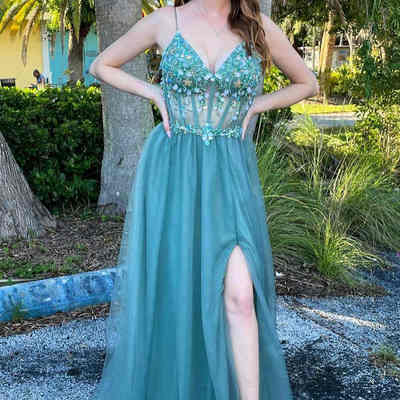 Stunning a-line v neck tulle beaded long prom evening dresses with slit - Thumbnail 3
