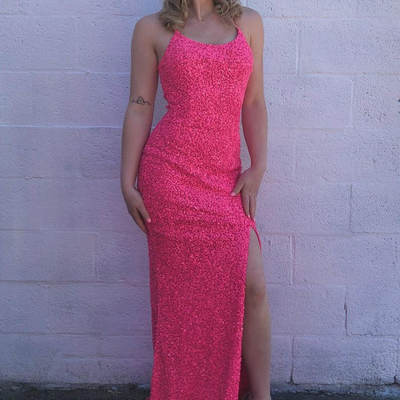 Charming mermaid scoop neck hot pink sequins long prom evening dresses with slit - Thumbnail 2