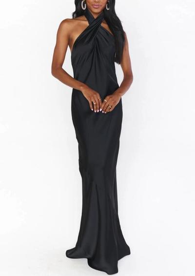 Simple Sheath Halter Backless Black Silk Satin Long Evening Dresses Bridesmaid Party Dresses
