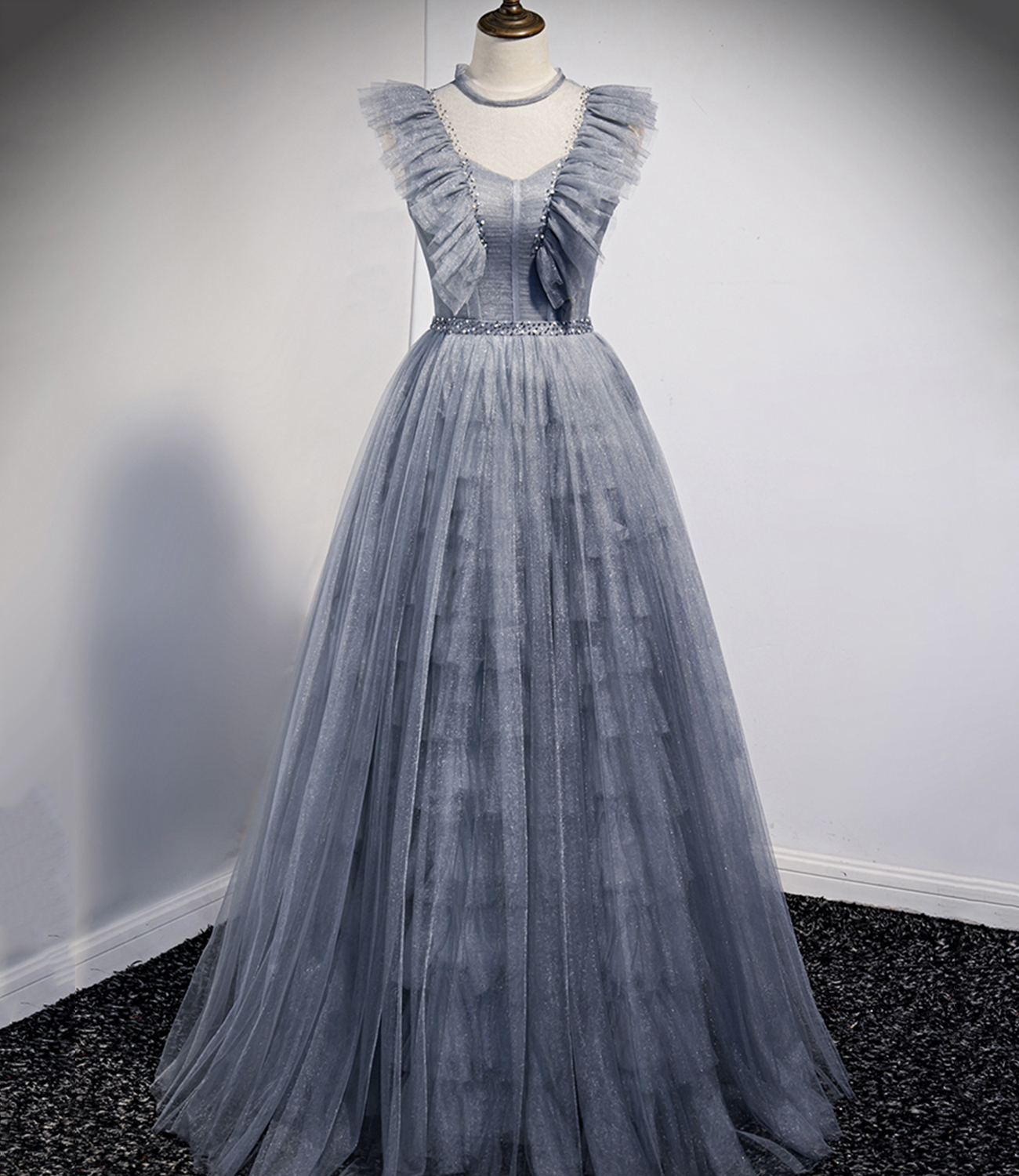 Gray tulle long A line prom dress evening dress