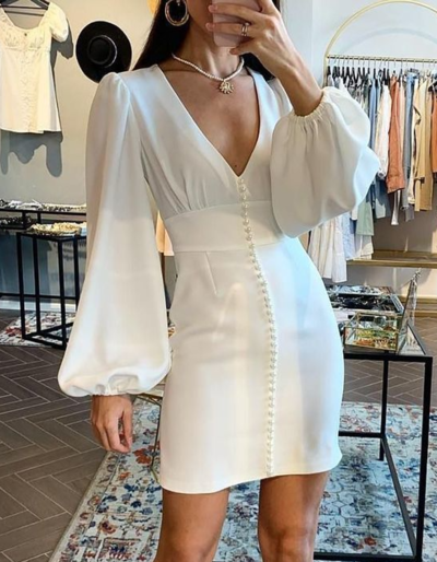 Long Sleeve Deep V Neck Mini Evening Dress