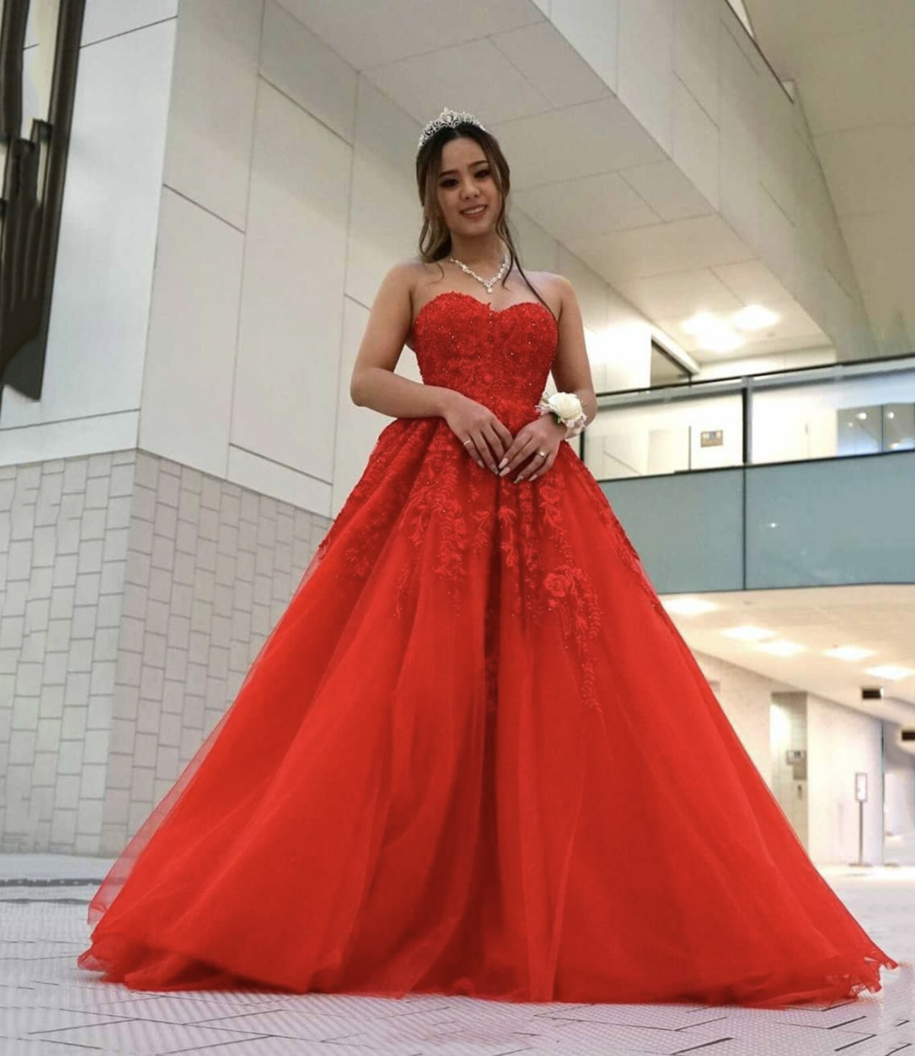 Red lace long A line prom dress red evening dress