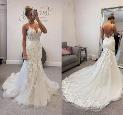 Spaghetti Straps Mermaid V Neck Lace Wedding Dresses