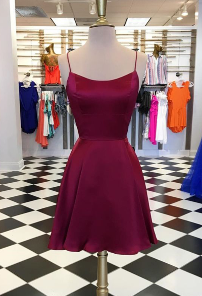 Simple Burgundy Short Homecoming Dresses,Cross Back Short Prom Dresses
