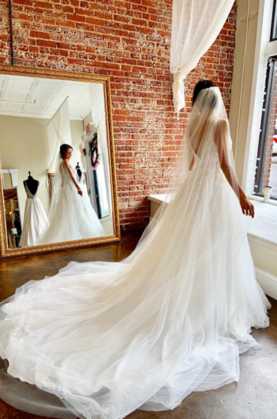 Sweet Mermaid V Neck Tulle Wedding Gowns with Appliques