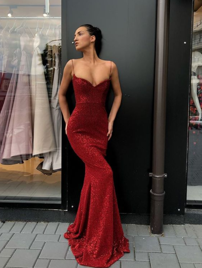 Dark Red Sequins Long Prom Dress,Mermaid Evening Party Dress