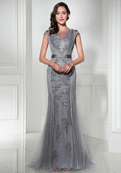 Mermaid Lace Appliques Charming Beadings Sweep Train Formal Prom Dresses