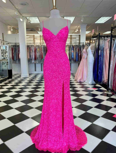 Hot Pink A Line Straps Long Prom Dress with Slit