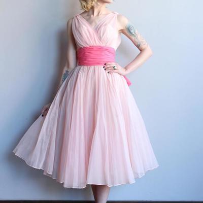 Vintage a-line v neck light pink tea length prom evening dresses - Thumbnail 3