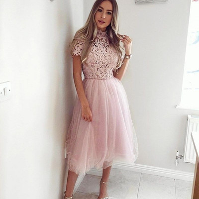 Elegant A-Line High Neck Pink Lace Short Sleeve Tea Length Prom Evening Dresses