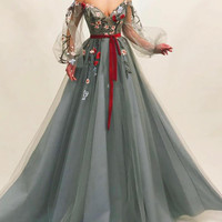 Chic A-Line Off the Shoulder Long Sleeve Tulle Lace Prom Evening Dresses - Thumbnail 1