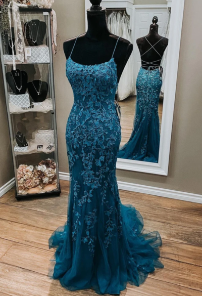 Mermaid Backless Dark Teal Lace Long Prom Dress