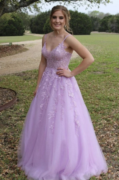 Purple V Neck Lace Long Prom Dress, Lilac Lace Formal Dress