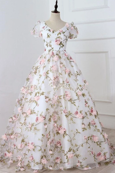 A Line V Neck Pink 3D Flower Long Prom Dress ,Formal Dress