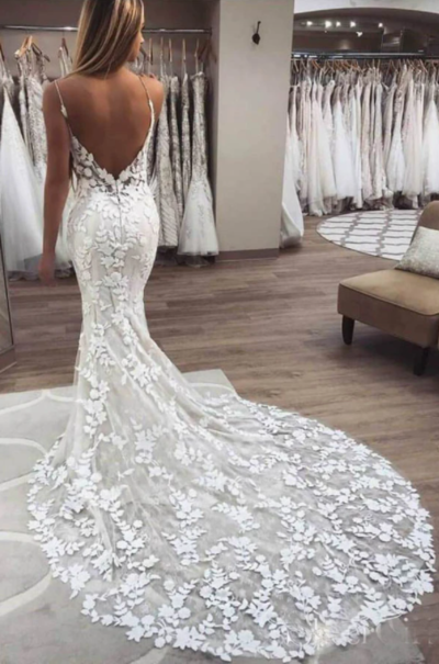 Vintage Spaghetti Strap Mermaid Lace Wedding Dress