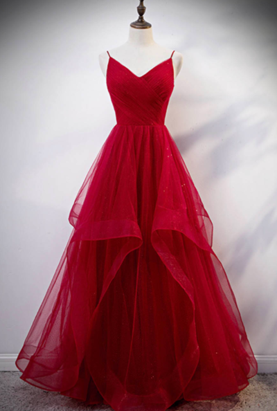 Floor length burgundy tulle prom dress formal dress