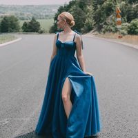 Gorgeous A-Line Sweetheart Blue Tulle Long Prom Dresses with Side Slit - Thumbnail 1