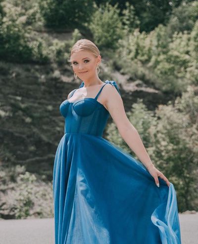 Gorgeous A-Line Sweetheart Blue Tulle Long Prom Dresses with Side Slit