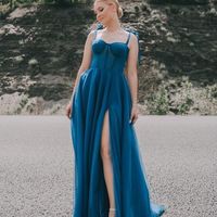 Gorgeous A-Line Sweetheart Blue Tulle Long Prom Dresses with Side Slit - Thumbnail 3