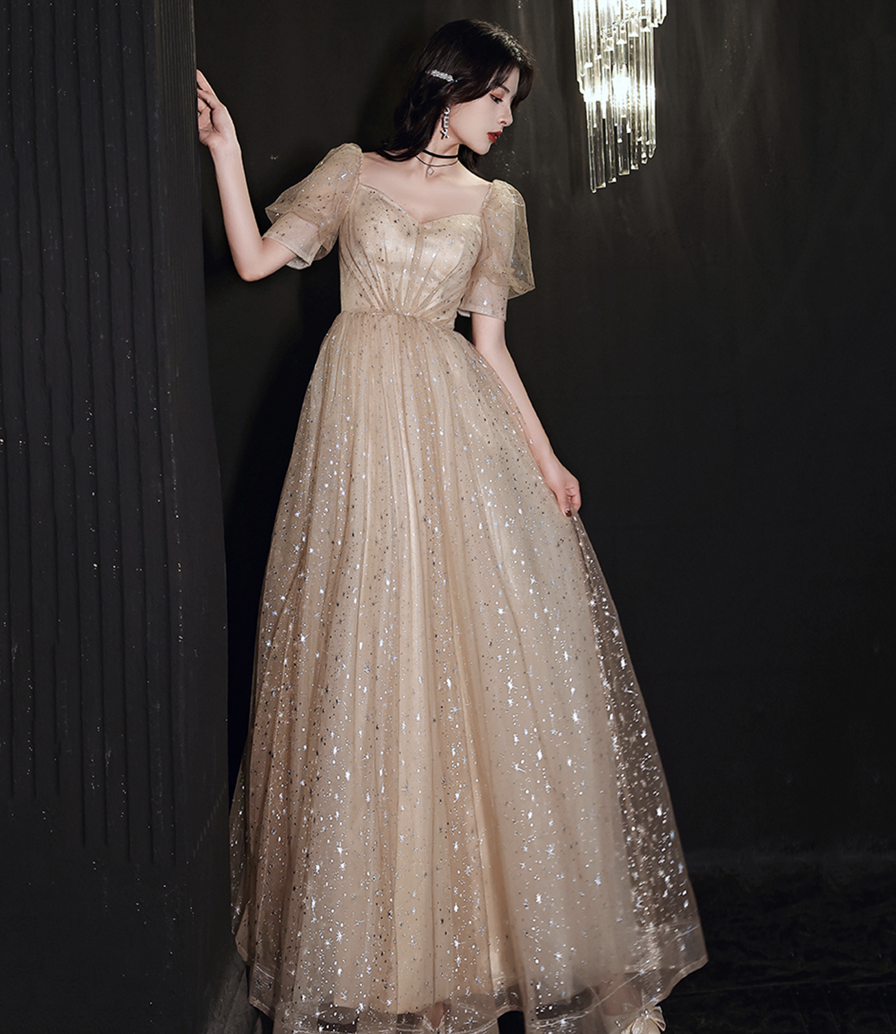 Champagne tulle long A line prom dress evening dress