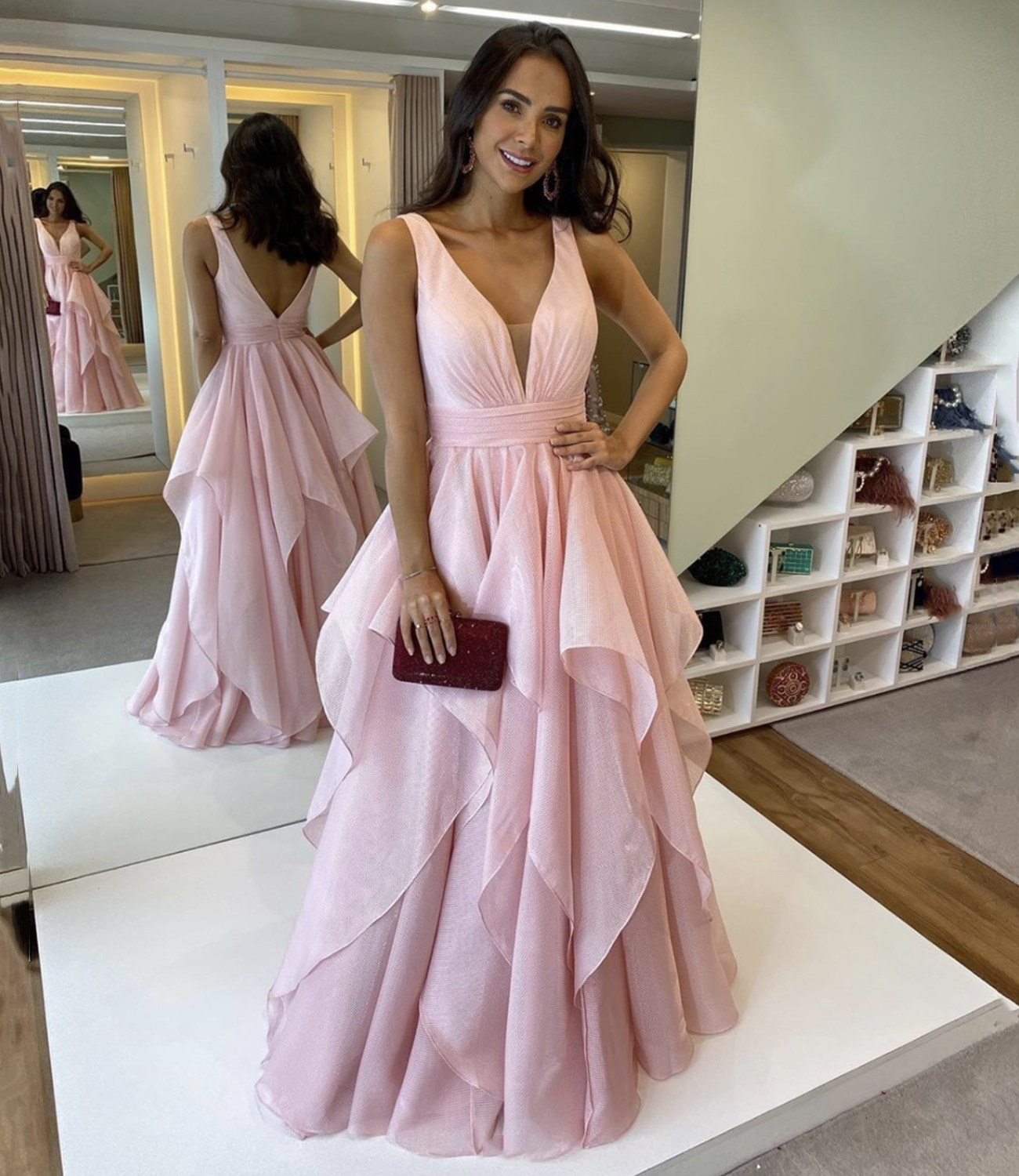 Pink tulle long A line prom dress pink evening dress