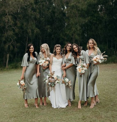 A Line Olive Green Silk Satin Long Bridesmaid Dresses