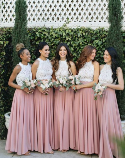 Two Piece Halter White and Pink Bridesmaid Dresses