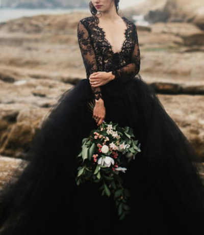 Beauty Long Sleeve Black Wedding Dresses,Lace Wedding Dresses