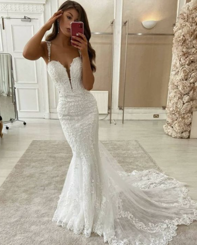 Vintage Mermaid V Neck Lace Wedding Dress Bride Gown