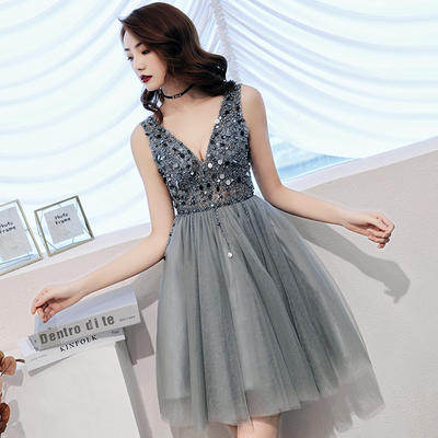 Gray tulle beads short prom dress fashion dress - Thumbnail 3