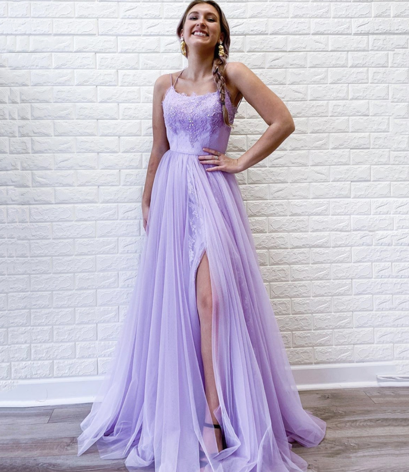 Purple lace long A line prom dress evening dress