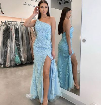 Mermaid One Shoulder Sky Blue Long Prom Evening Dresses with Side Slit