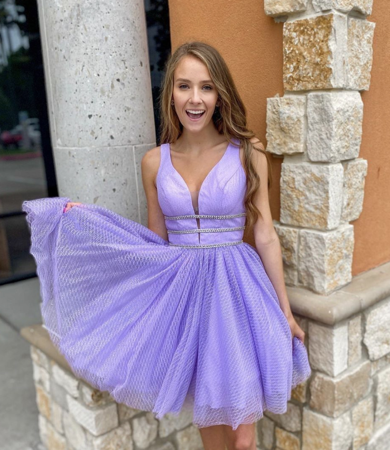 Purple tulle short A line prom dress evening dress