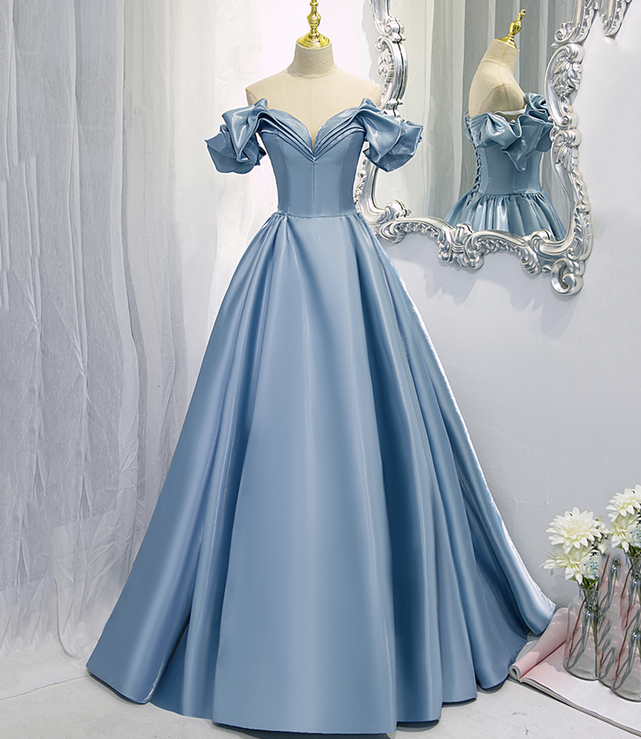 Shiny satin long A line prom dress blue evening dress