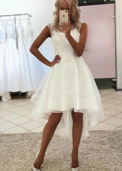 Simple High Low Sleeveless Lace Wedding Dress