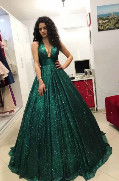 Beauty Sparkly Sequins Dark Green V-neck Prom Dress