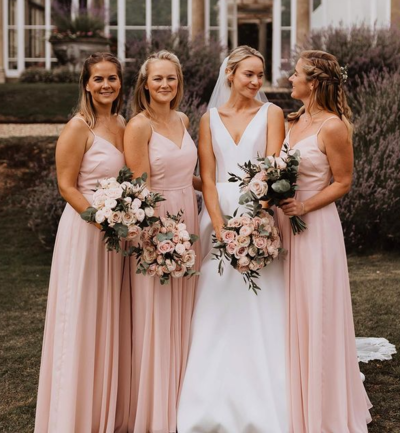 A-Line V Neck Pink Chiffon Bridesmaid Dresses