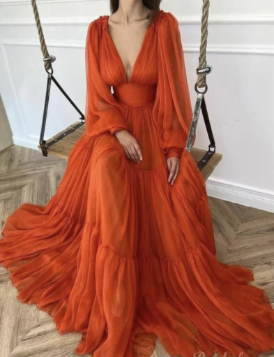Long Sleeves Orange Modest Prom Dresses sexy Evening Dress