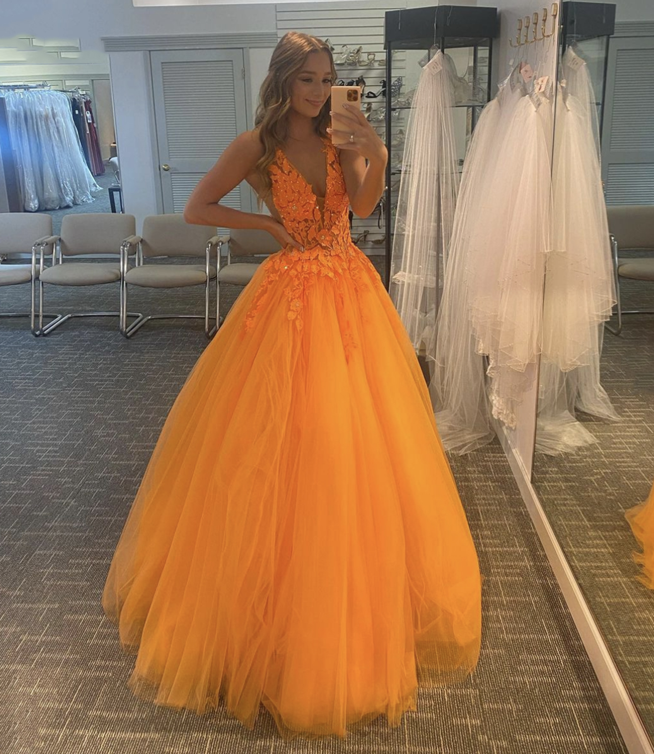 Orange tulle lace long A line prom dress evening dress