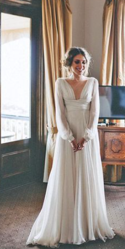 Simple Long Sleeve Chiffon Prom Dress Beach Wedding Dress