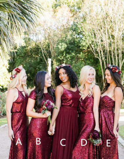 A Line Sequins Burgundy Long Bridesmaid Dress Prom Dress