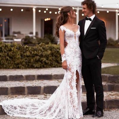 Sexy Mermaid Long Sleeve Lace Wedding Dresses with Slit