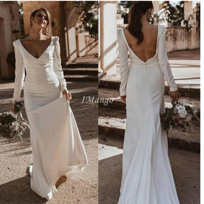 Simple mermaid v neck long sleeve satin wedding dresses - Thumbnail 1