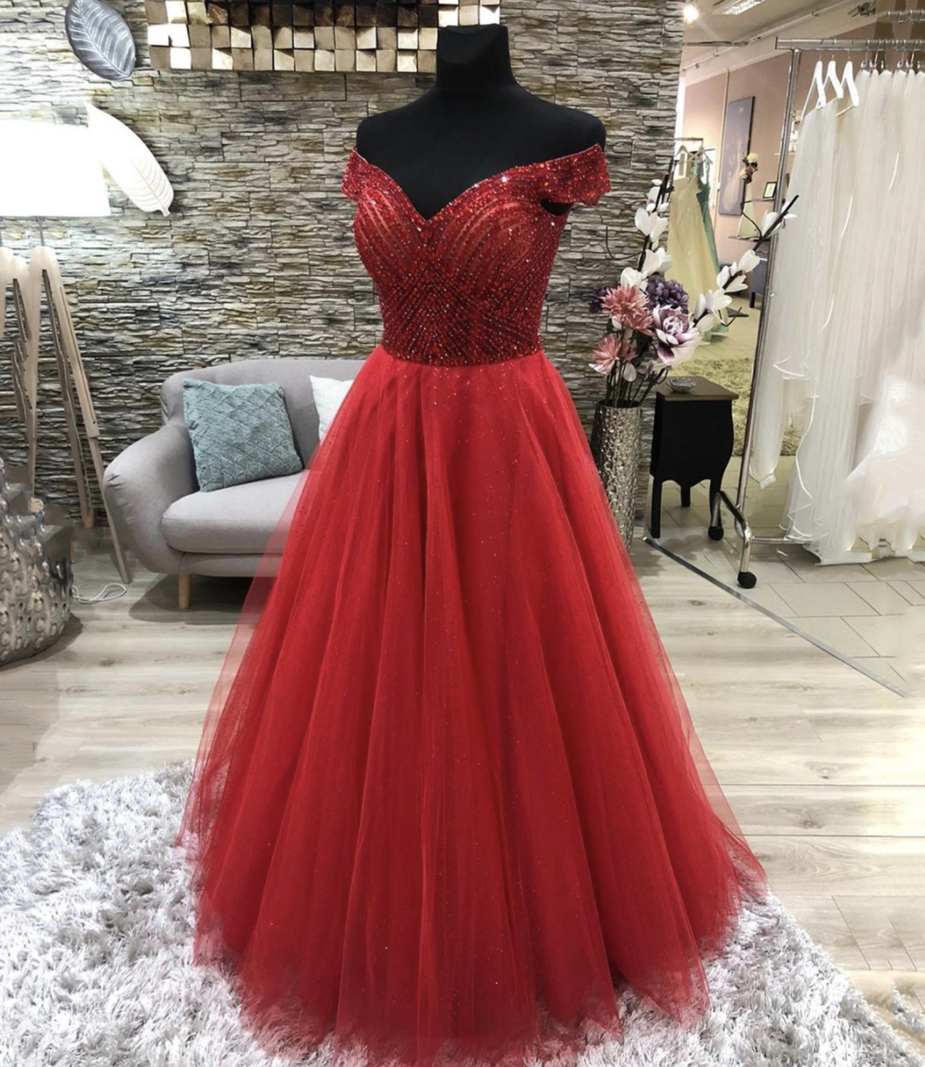 Red tulle beads long A line prom dress evening dress