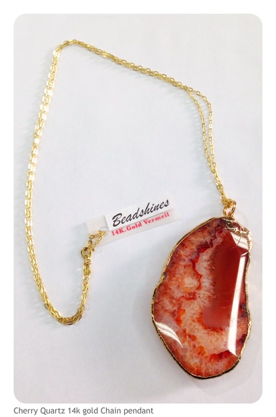 Cherry Quartz Slice 14K. Gold Vermeil Chain